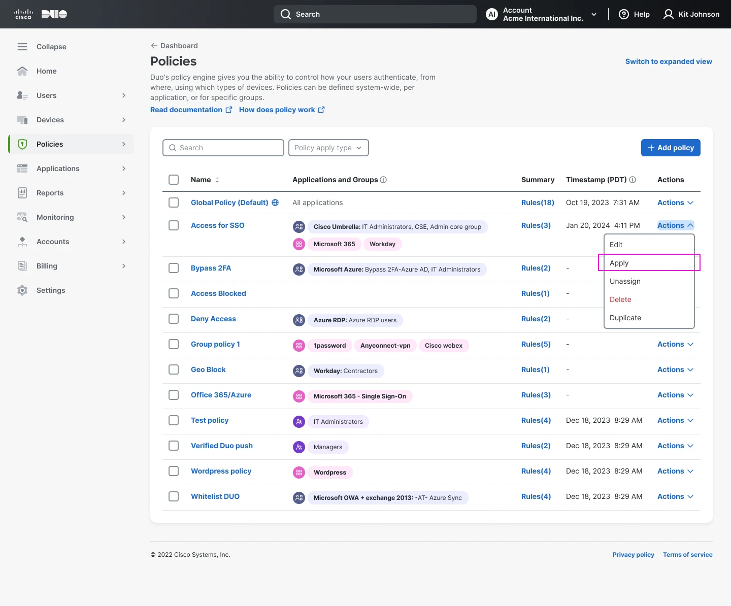 Policies dashboard