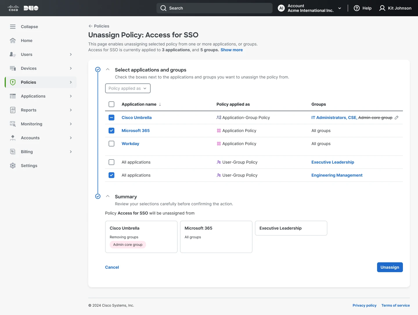 Unassign policy dashboard