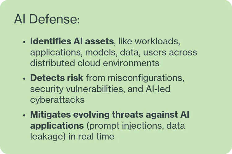 AI defense identifies AI assets, detects risk, and mitigates evolving threats against AI applications