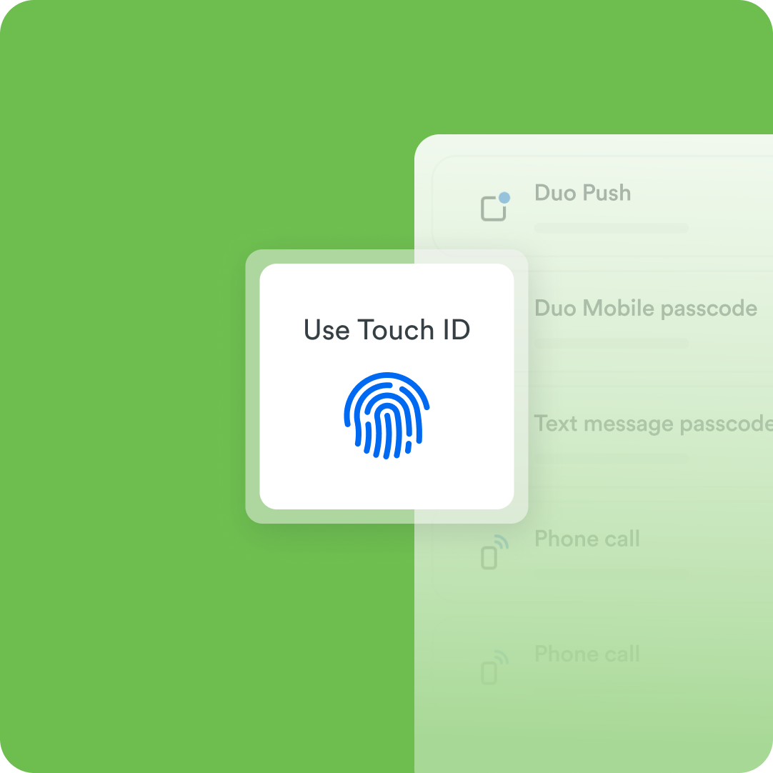 WebAuthn and biometric authentications showcased with a Use Touch ID notification from Duo.