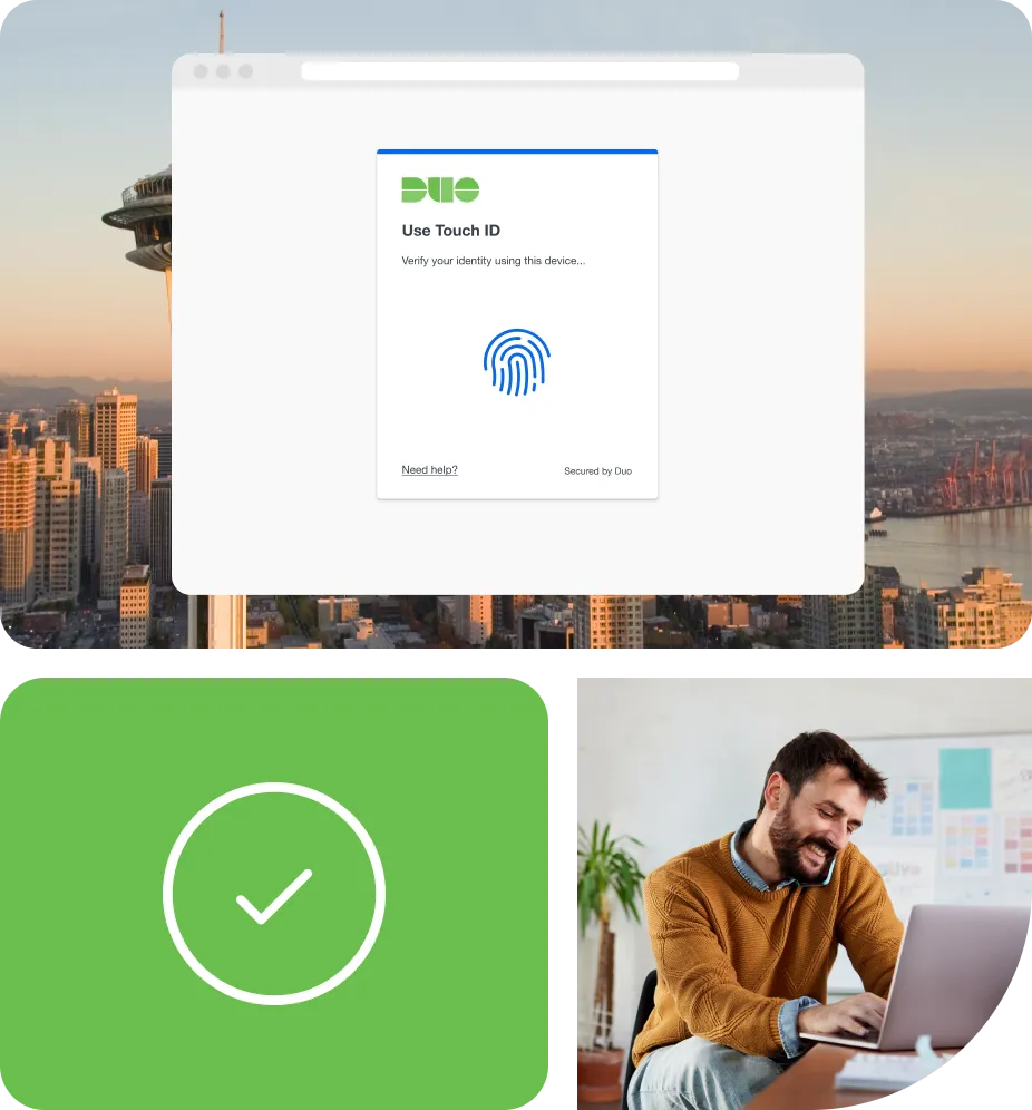 Image of the screen users see when receiving a Duo Push notification along with a checkmark indicating a successful authentication.