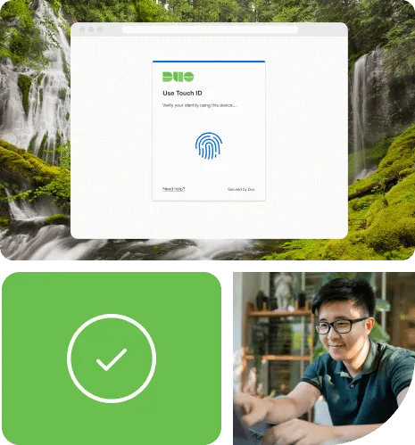 A person on a laptop using Duo's touch ID to authenticate and securely access data.