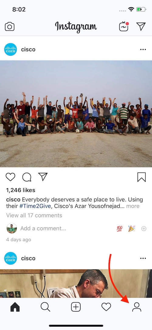 Instagram mobile interface showing Cisco’s post with a group photo; red arrow points to the profile icon in the bottom navigation bar.