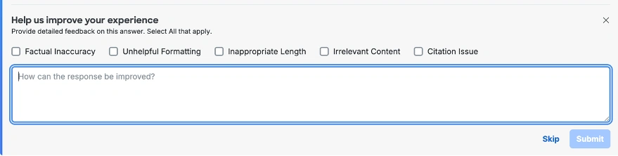 eedback form for 'Introducing Cisco AI Assistant for Duo' blog post, showing checkboxes and a text box for response improvement suggestions.