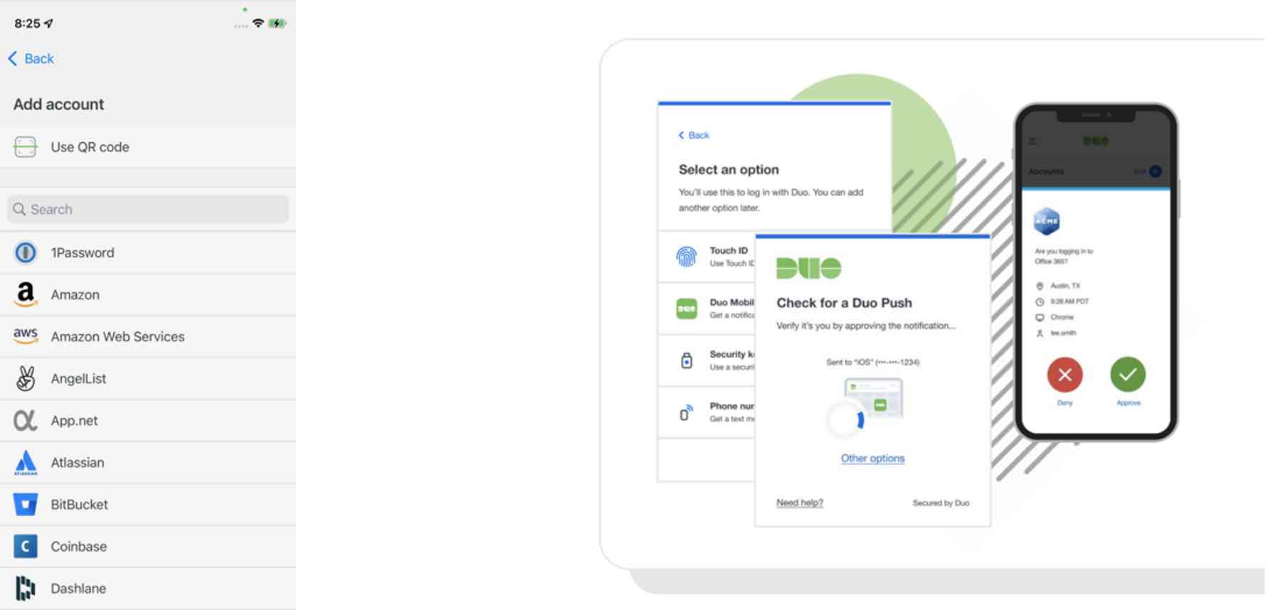 Screens showing Duo Mobile authentication options, app account list, and a Duo Push login request with approve and deny buttons.
