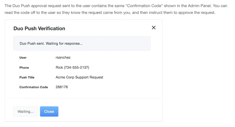 Duo Push Verification window showing user info, confirmation code, and status 'Waiting for response…' for a support request.
