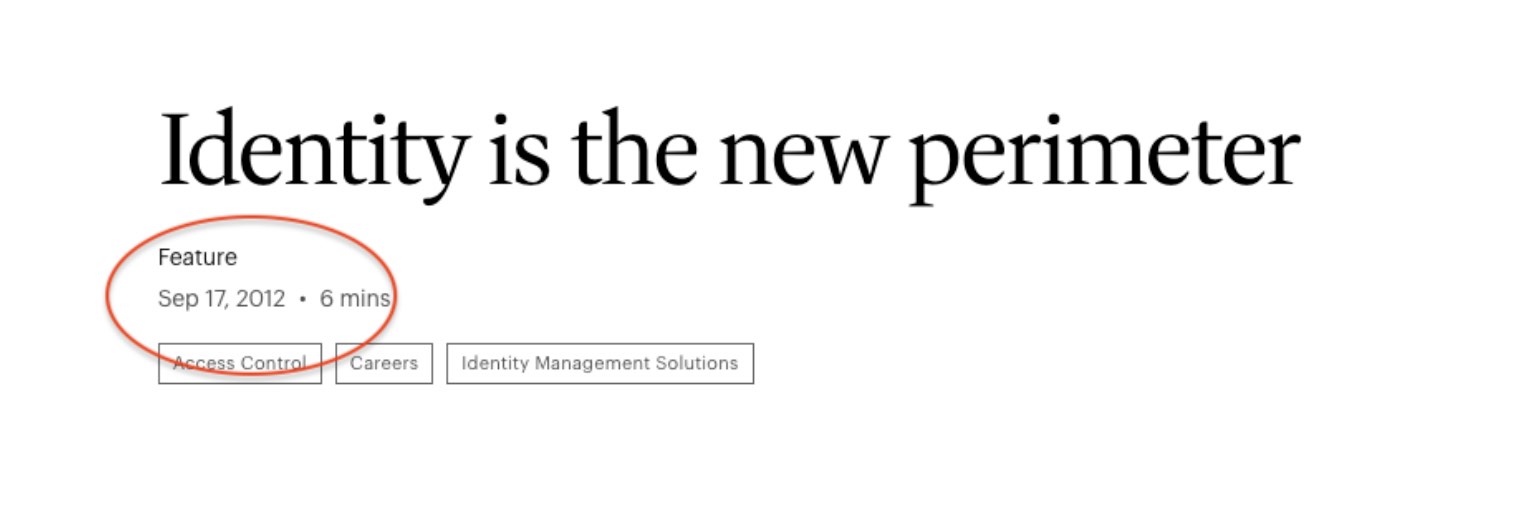 Article titled 'Identity is the new perimeter,' published Sep 17, 2012, labeled as a feature with 6 min read time.