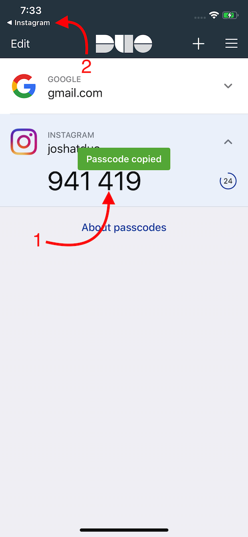 Duo Mobile app showing Instagram passcode being copied; red arrow points to the passcode and back to Instagram.