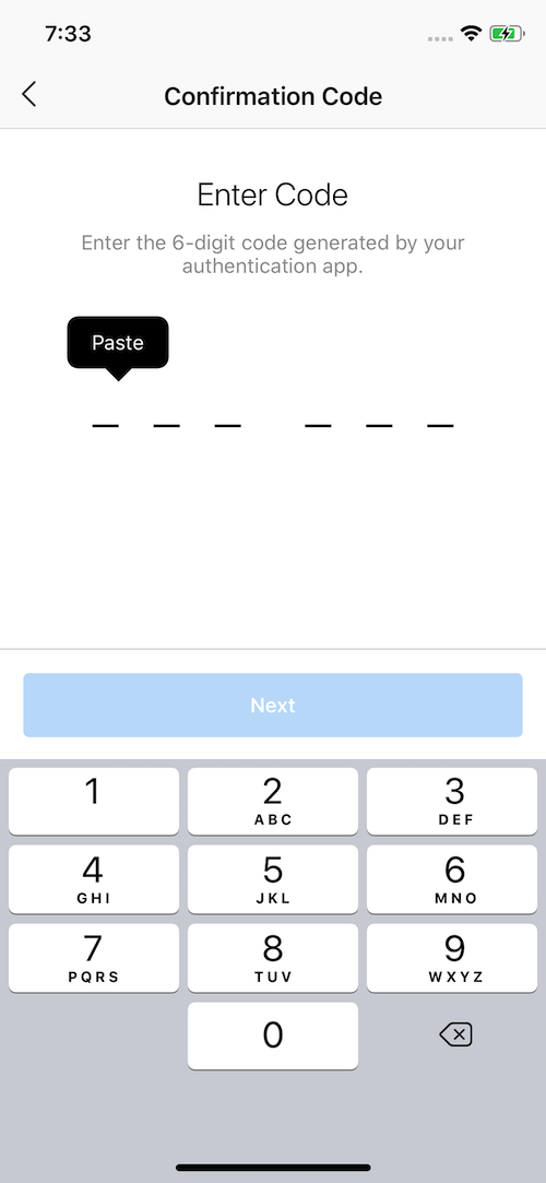 Blank 6-digit code entry field with numeric keypad for entering a confirmation code from the authentication app.