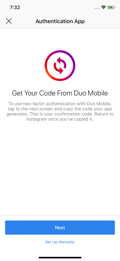 Screen prompting user to get code from Duo Mobile with 'Next' button at the bottom.