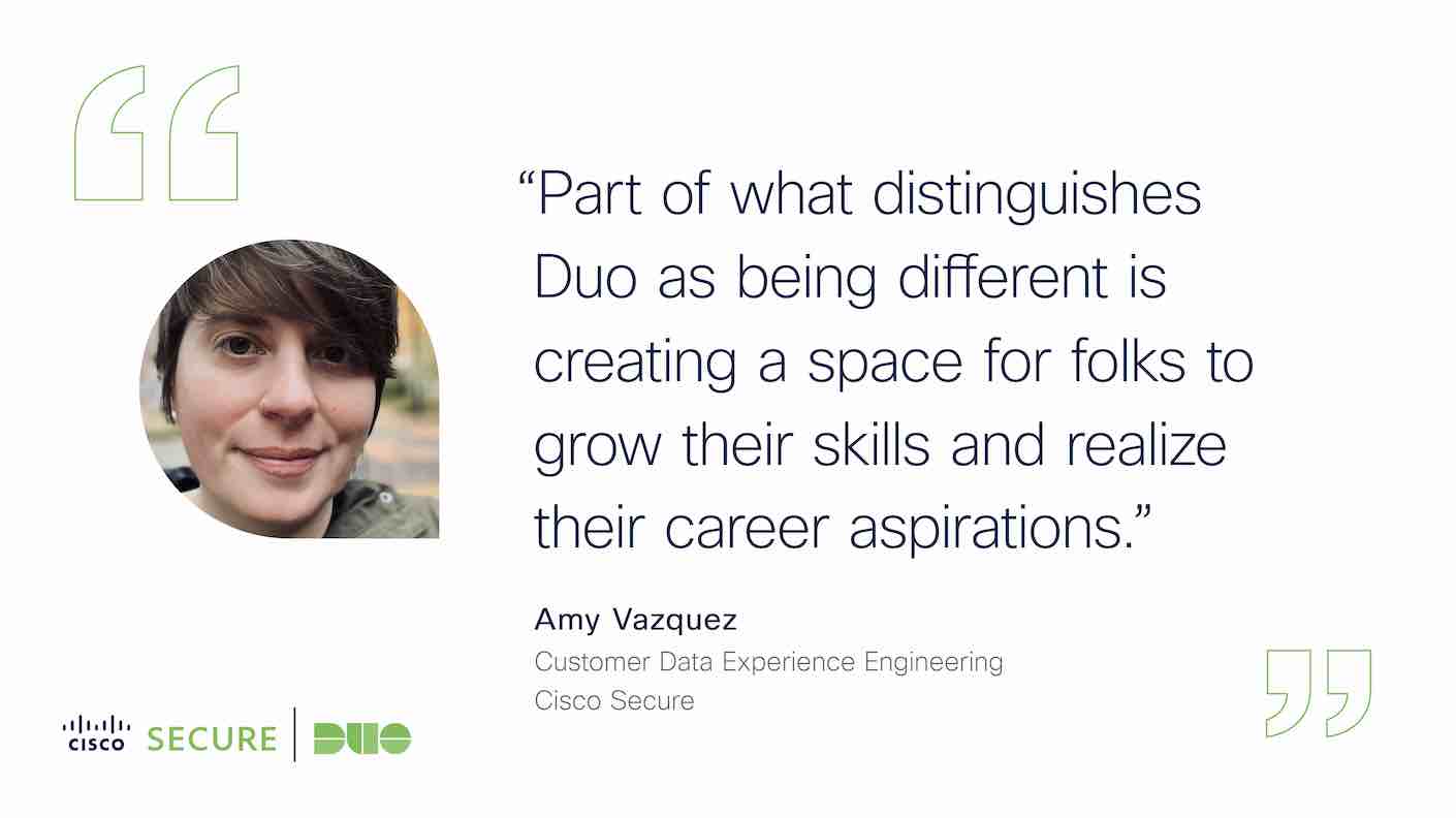 Quote card featuring an image of Amy Vazquez, Customer Data Experience Engineering expert at Cisco Security. The quote reads: 