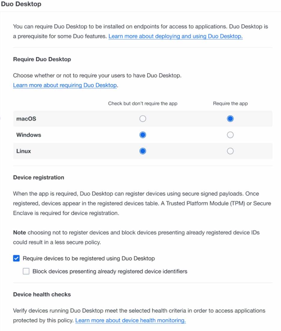Screenshot of the Duo Desktop policy page