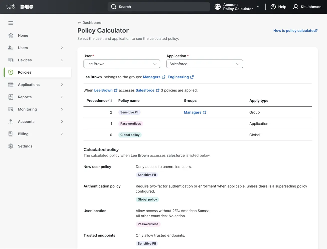 Screenshot of the policy calculator display