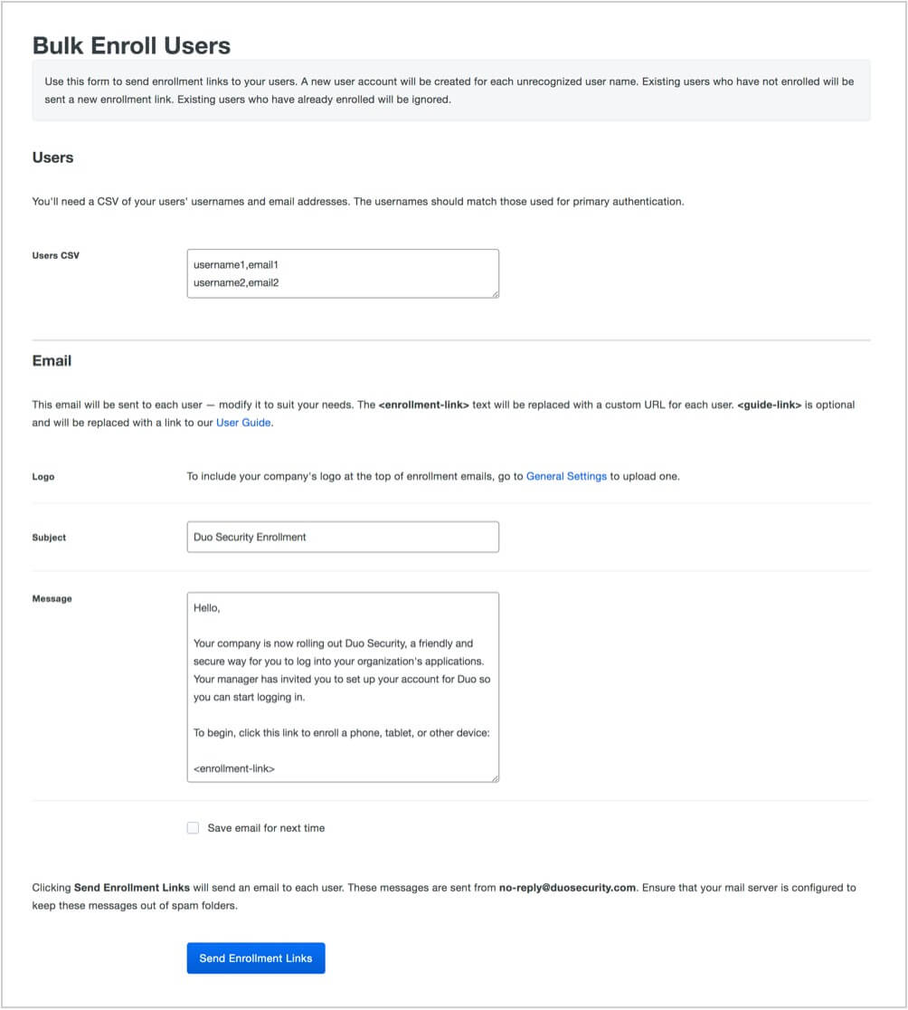 Duo dashboard image of what administrators see when bulk enrolling users onto Duo platform