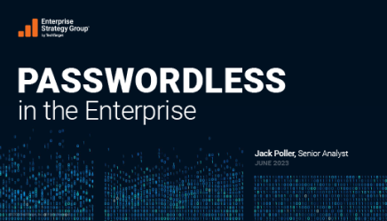 An ebook cover with data bits and byte images authored by Enterprise Strategy Group on the topic of Passwordless in the Enterprise