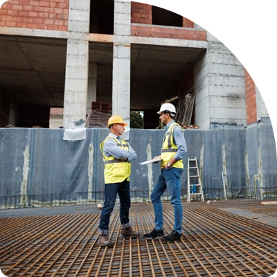 An engineer and a construction manager meet at large building construction site.