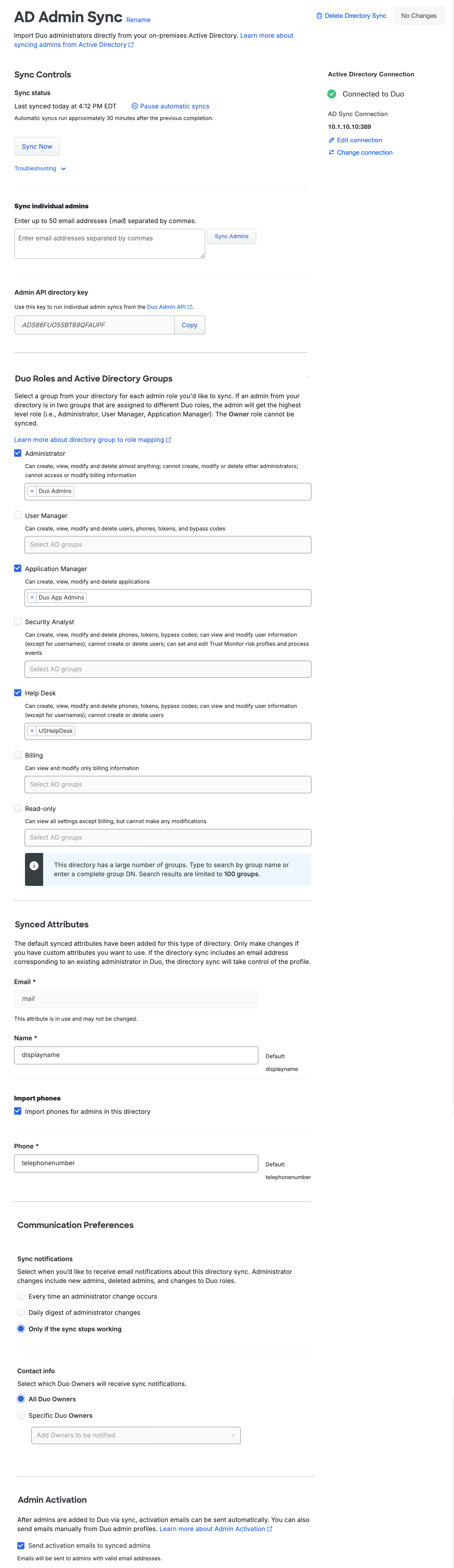 Configured Admin AD Directory Sync