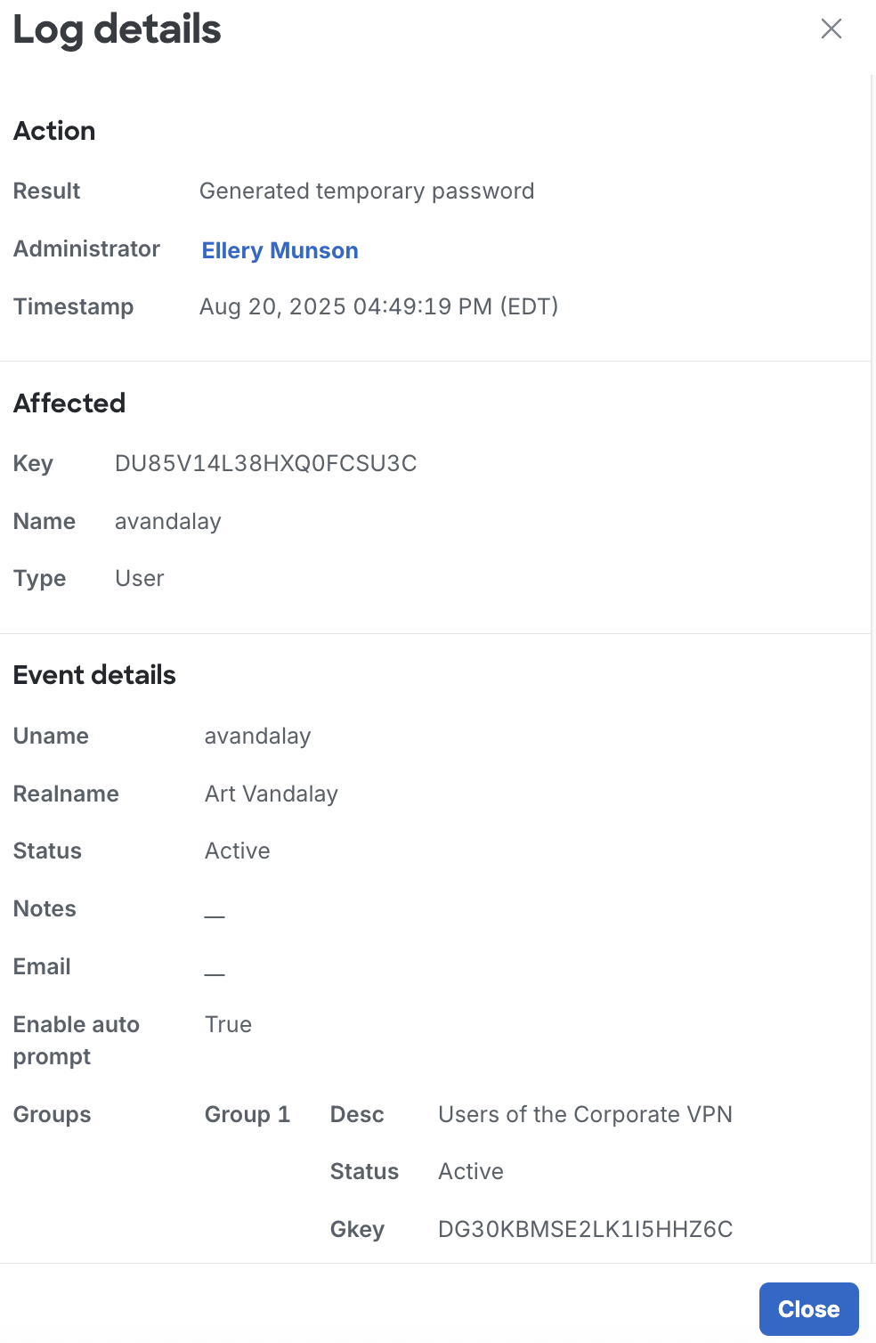 Activity Log Action Details
