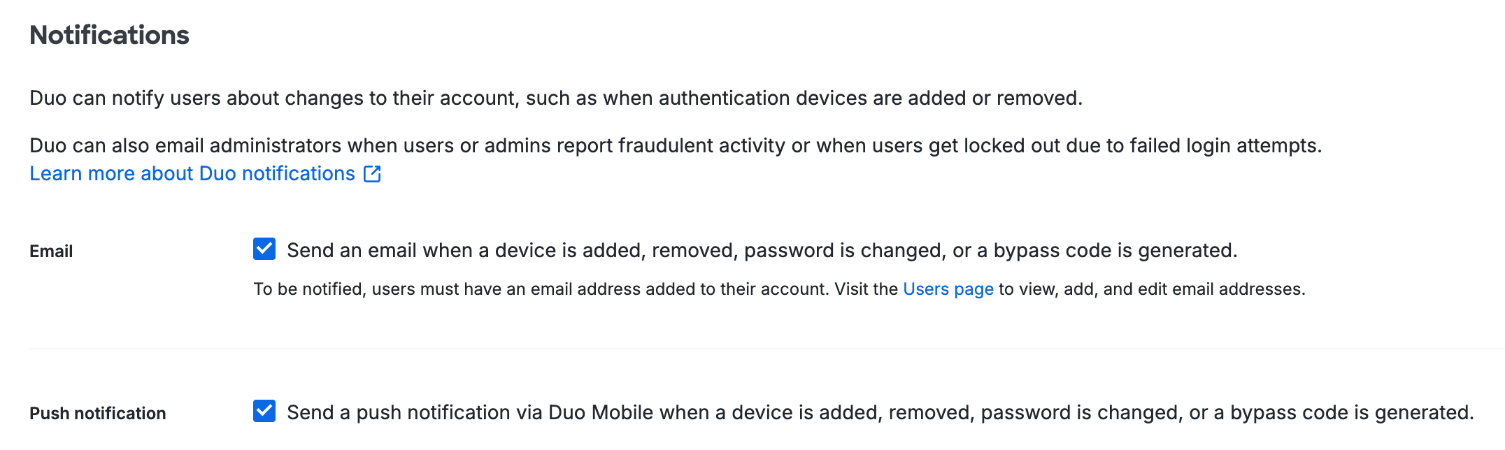 Notifications settings