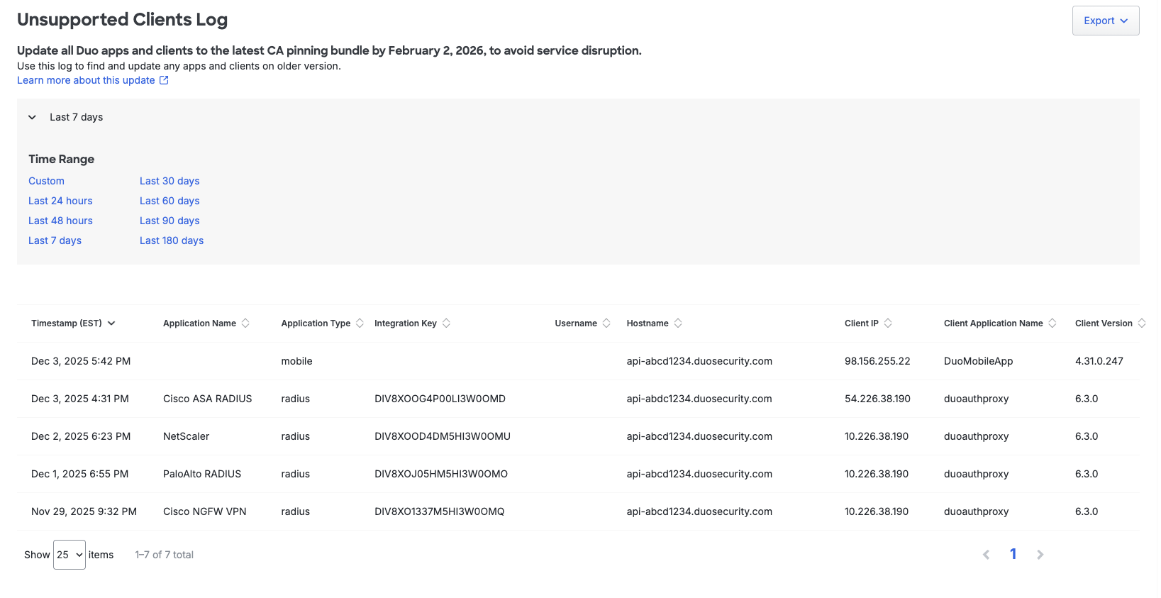 Unsupported Clients Log in the Duo Admin Panel