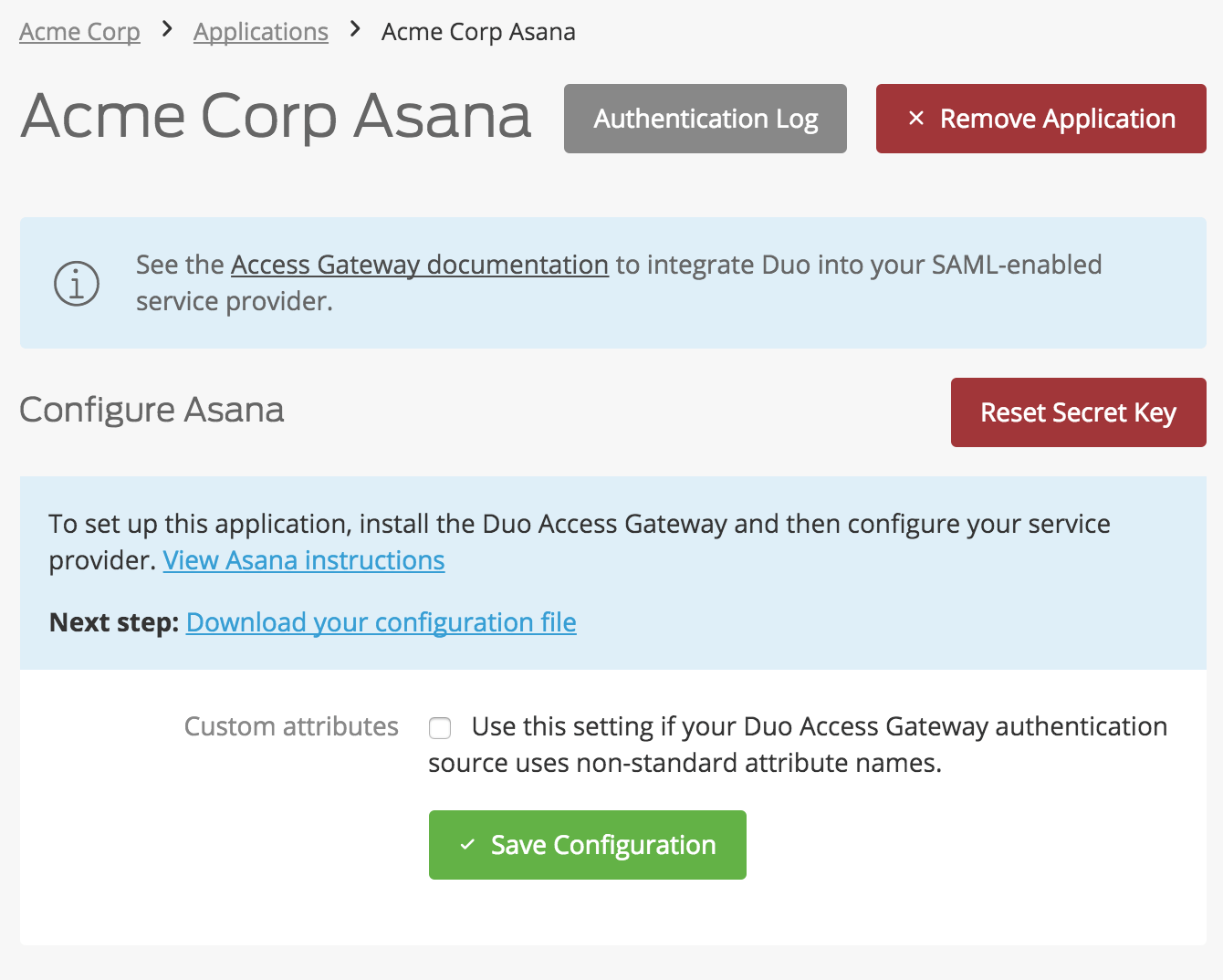 Duo Asana Application Settings