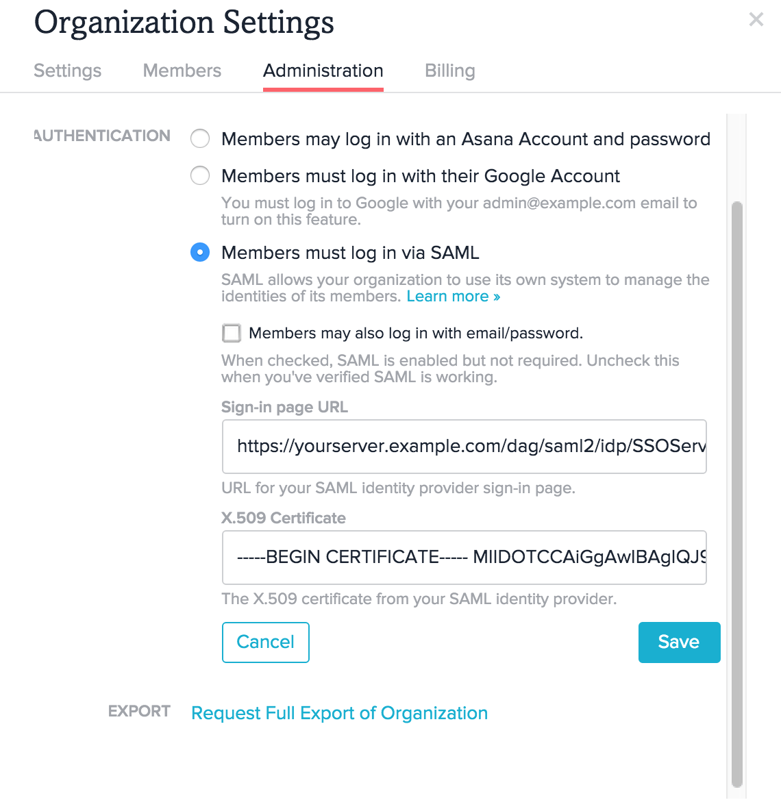 Asana Single Sign-On Setting Edit