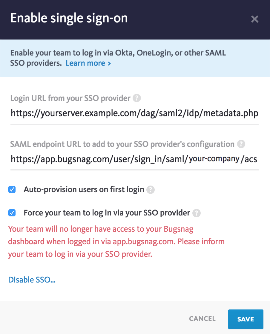 Bugsnag Single Sign-On Setting to enforce SSO
