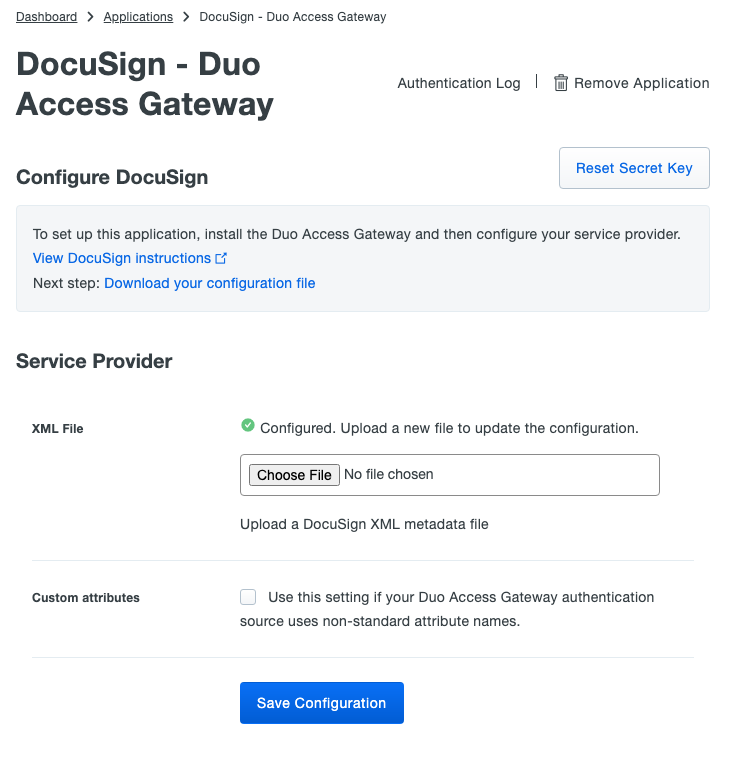 Duo DocuSign Application Settings