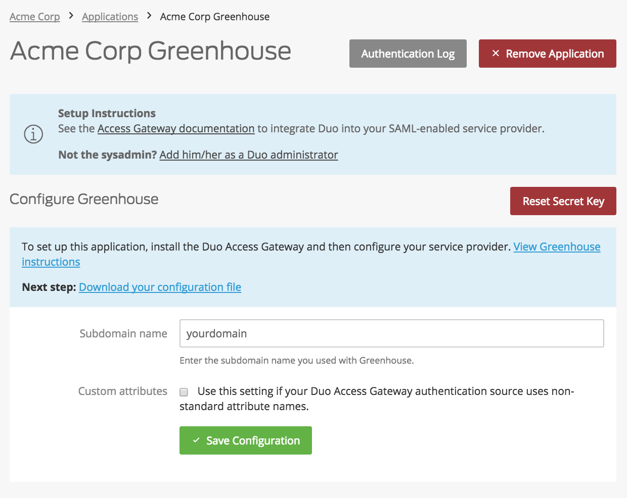 Duo Greenhouse Application Settings