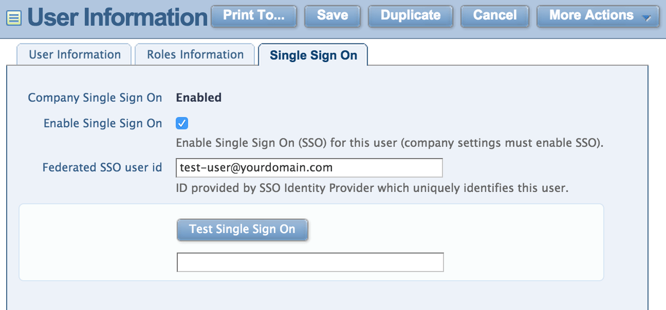 Intacct Single Sign-On User Settings