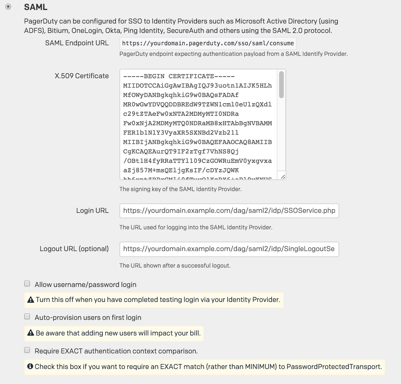 PagerDuty Single Sign-On Settings