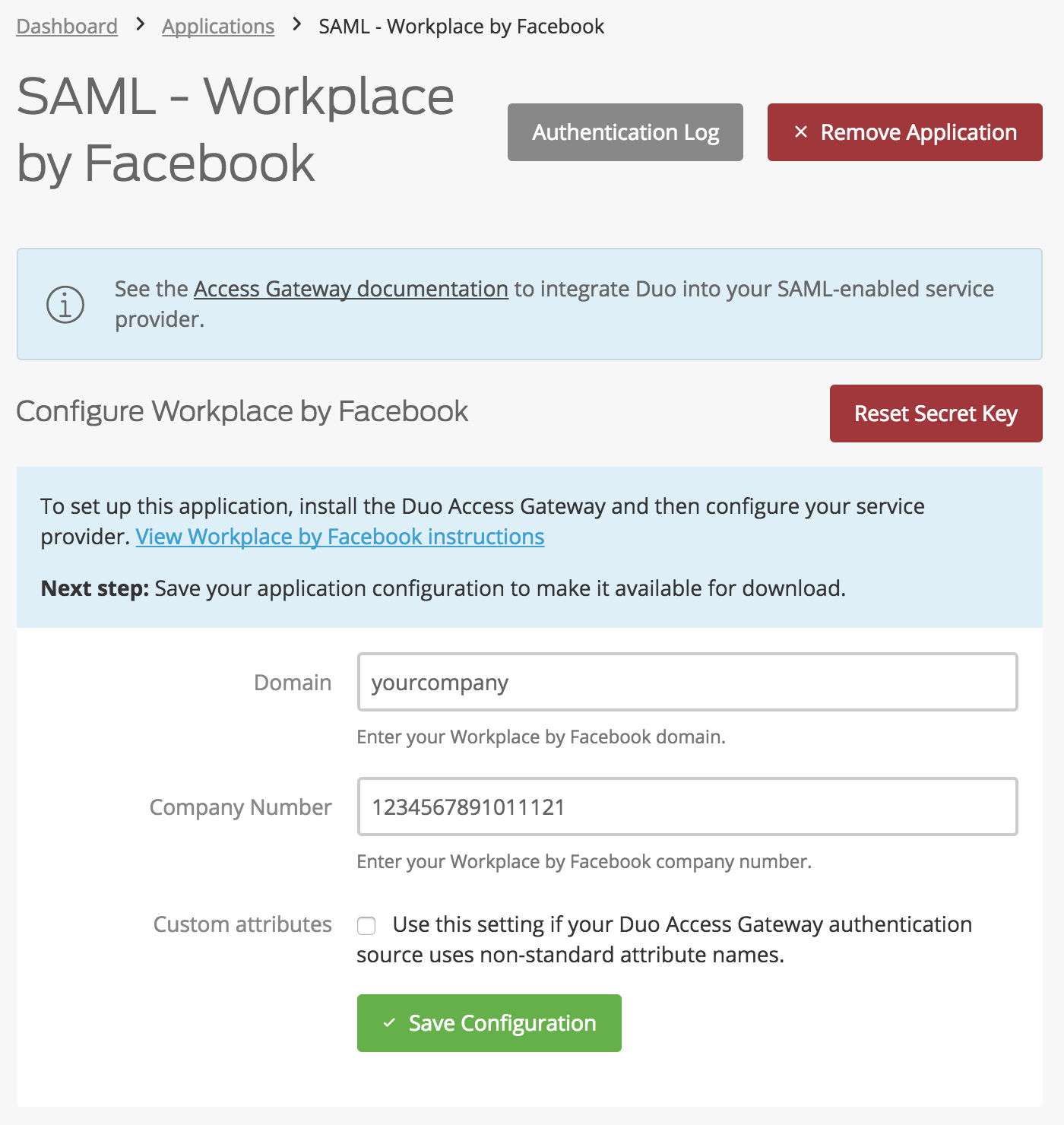 Duo Workplace by Facebook Application Settings