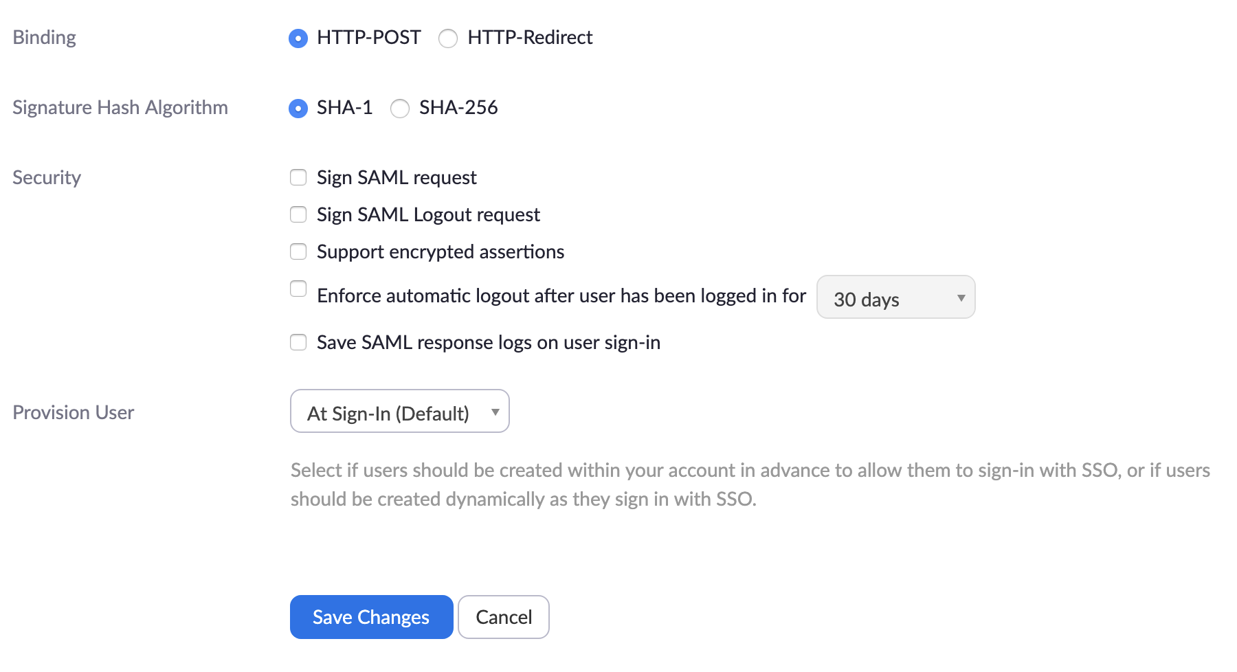 Zoom Single Sign-On Settings