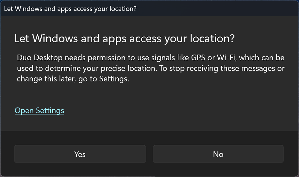 Windows 11 Location Services Prompt for Duo Desktop