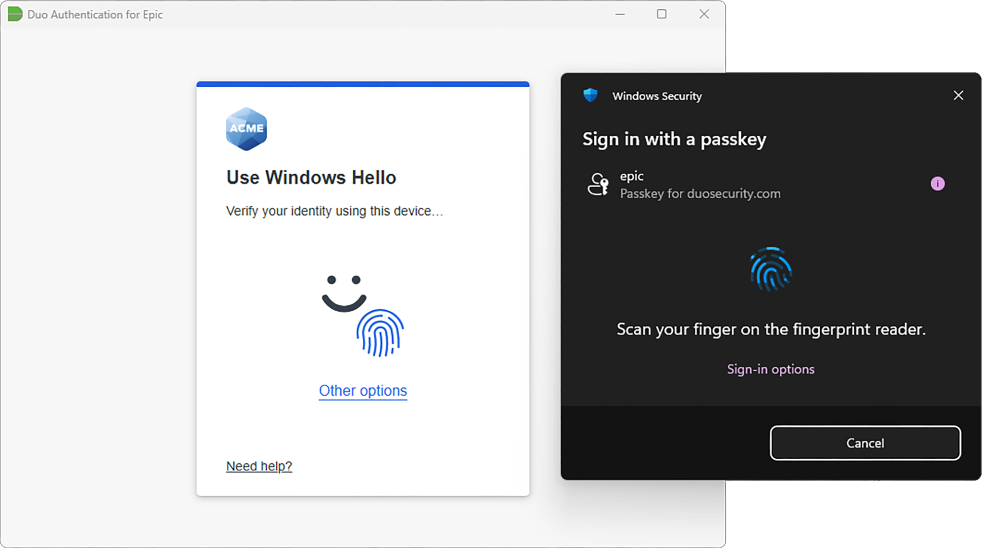 Windows Hello Passkey for Epic Hyperdrive in the Duo Universal Prompt