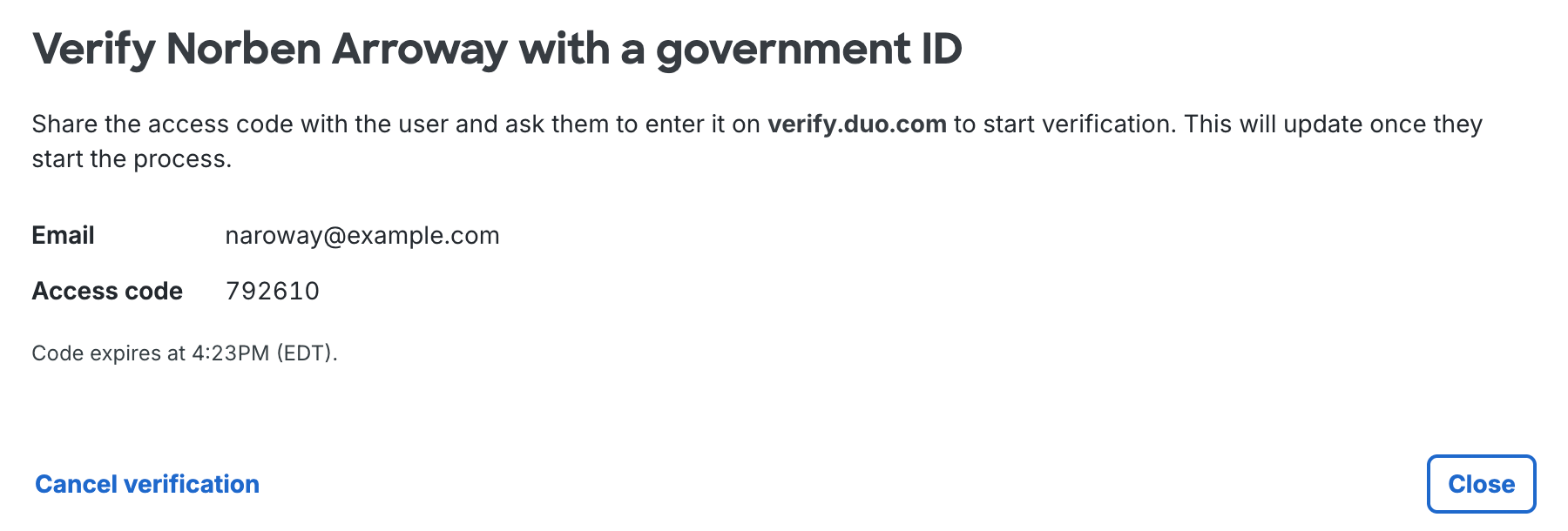 Identity Verification Code Generated