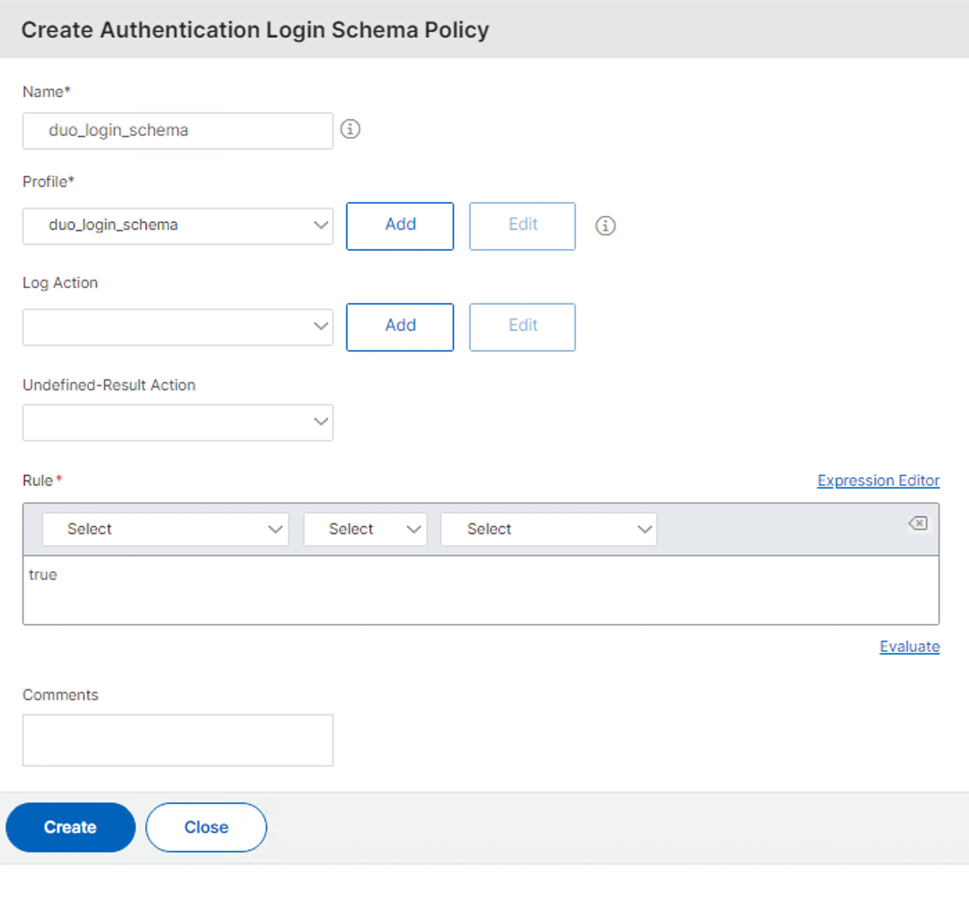 Create Authentication Login Schema Policy