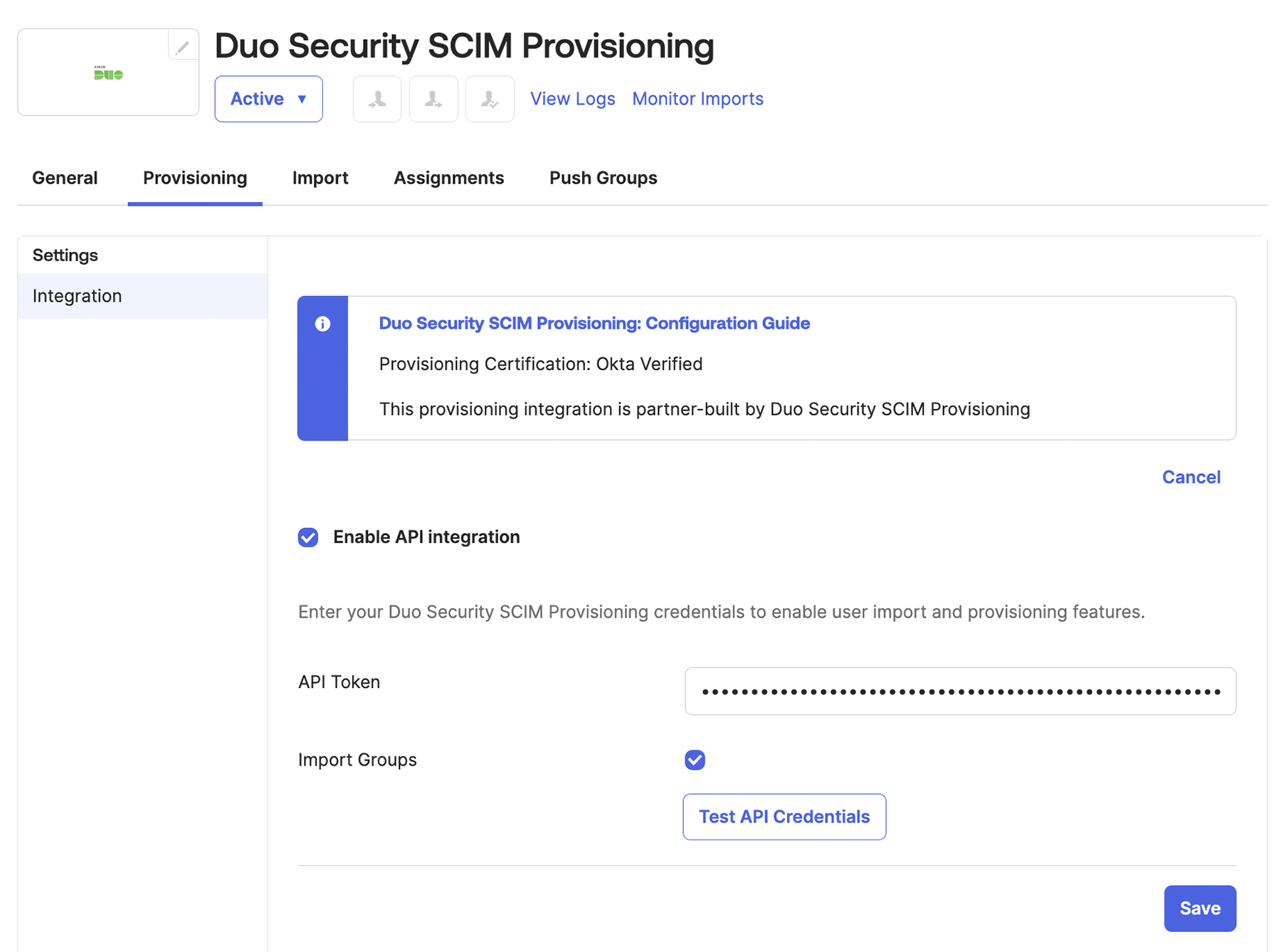Okta Duo Security SCIM App API Token