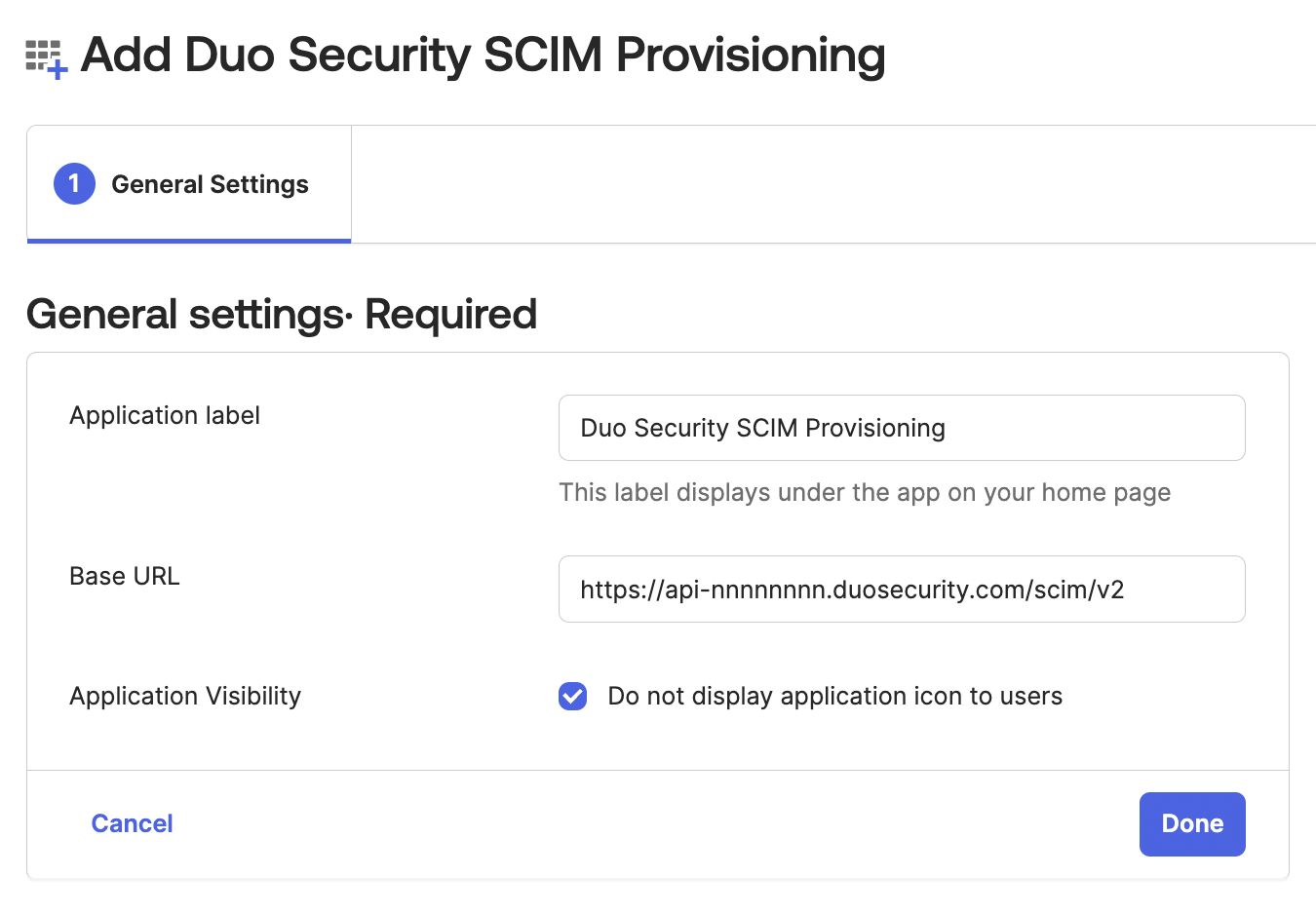 Okta Duo Security SCIM App General Settings