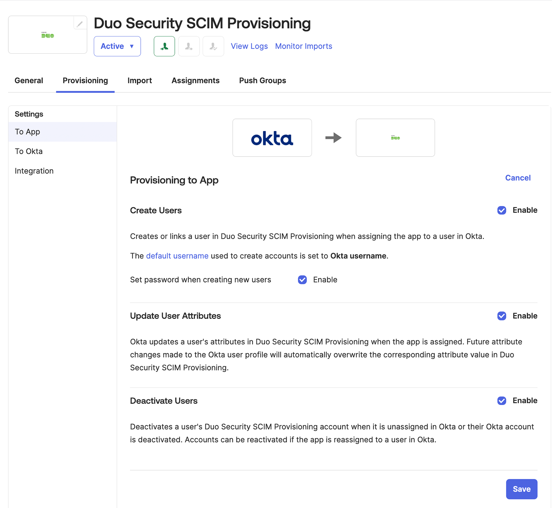 Okta Duo Security SCIM App Provisioning Options