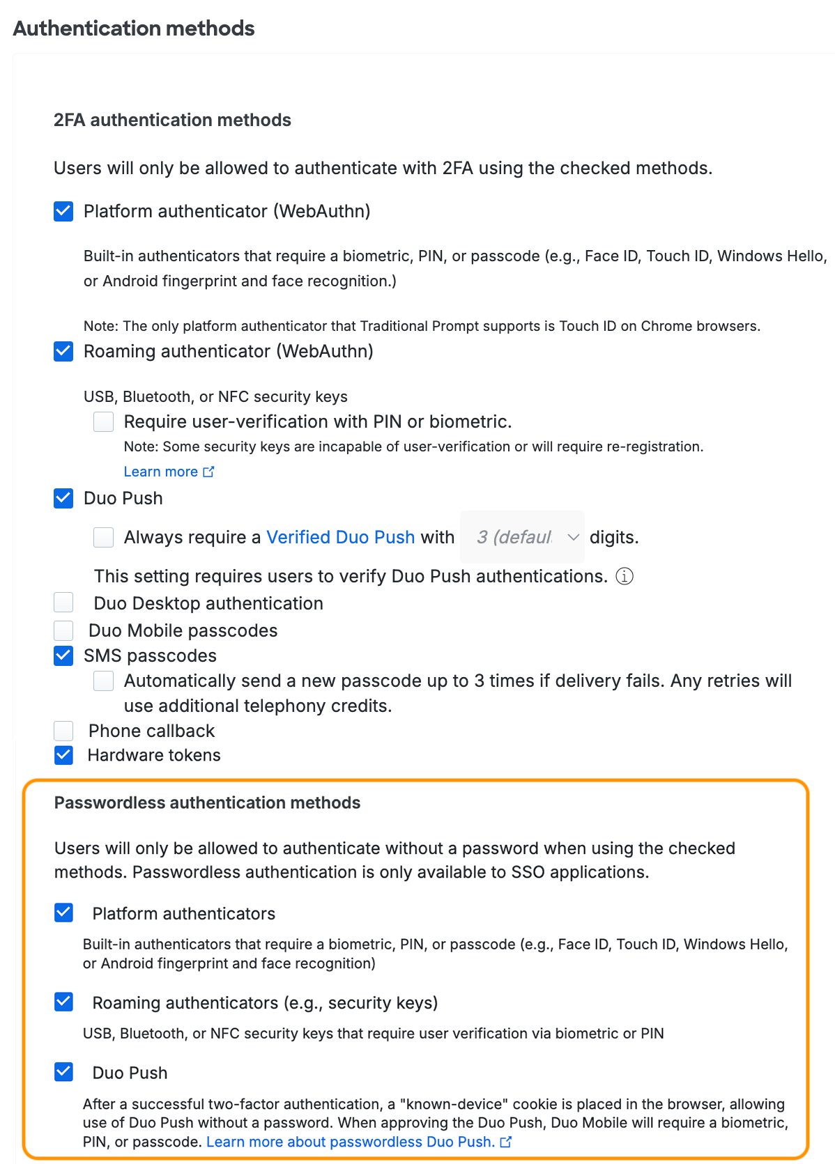 Authentication Methods Settings with Passwordless Activated