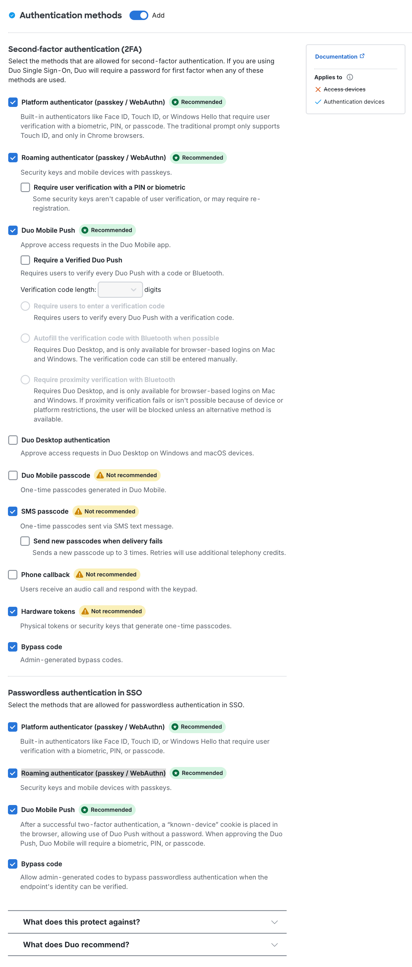 Authentication Methods Settings