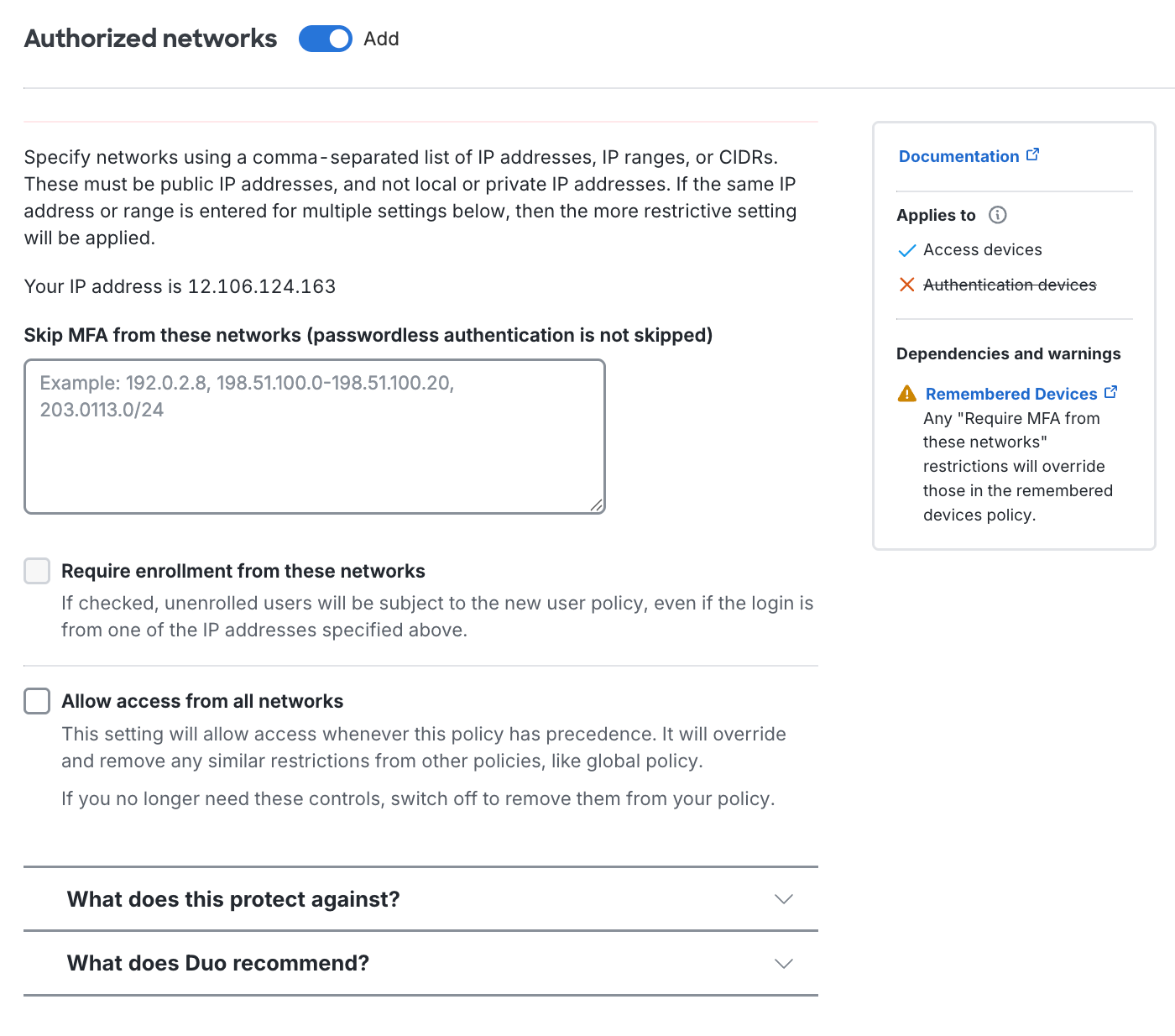 Duo Essentials Authorized Networks Settings