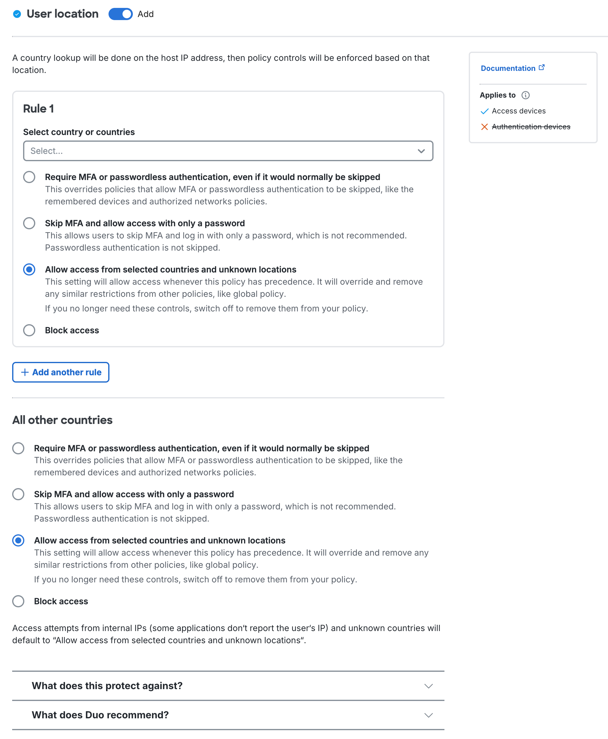 User Location Settings with Passwordless Activated