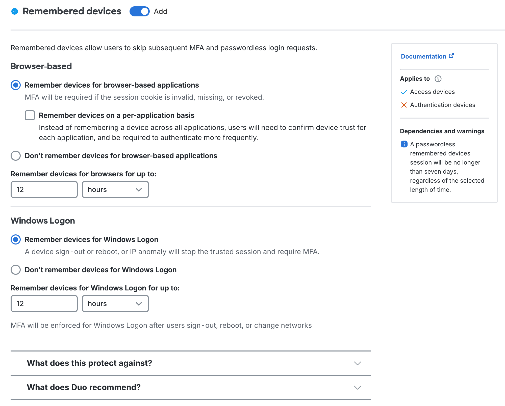 Duo Essentials Plan Remembered Devices Settings