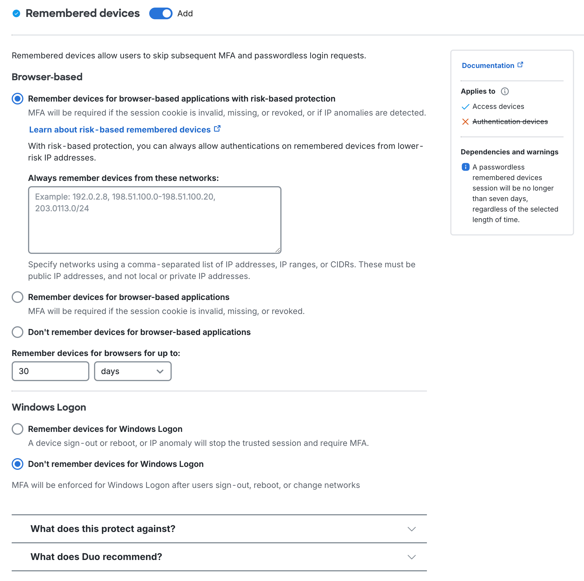 Duo Advantage and Premier Plan Remembered Devices Settings