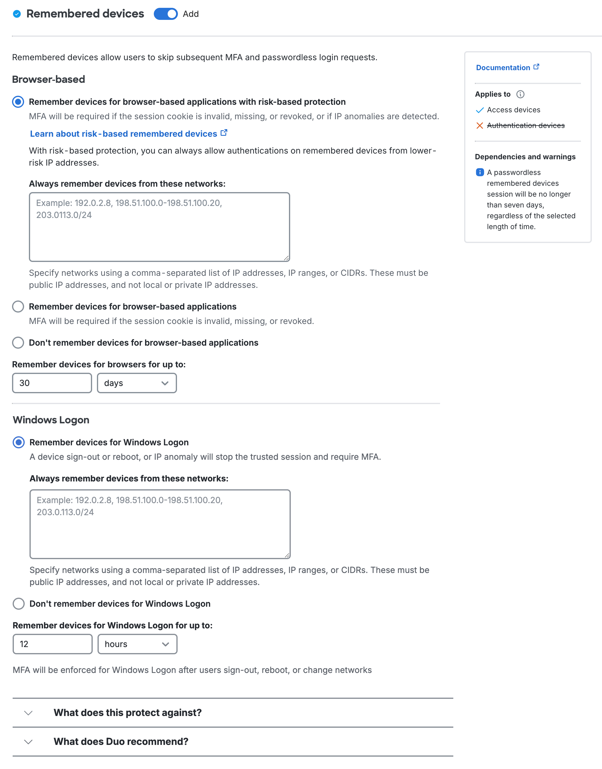 Duo Advantage and Premier Plan Remembered Devices Settings