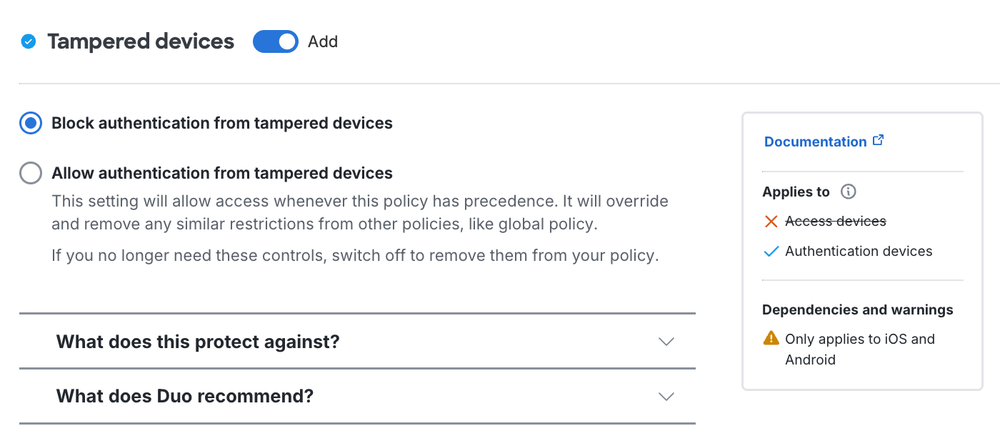 Tampered Devices Settings