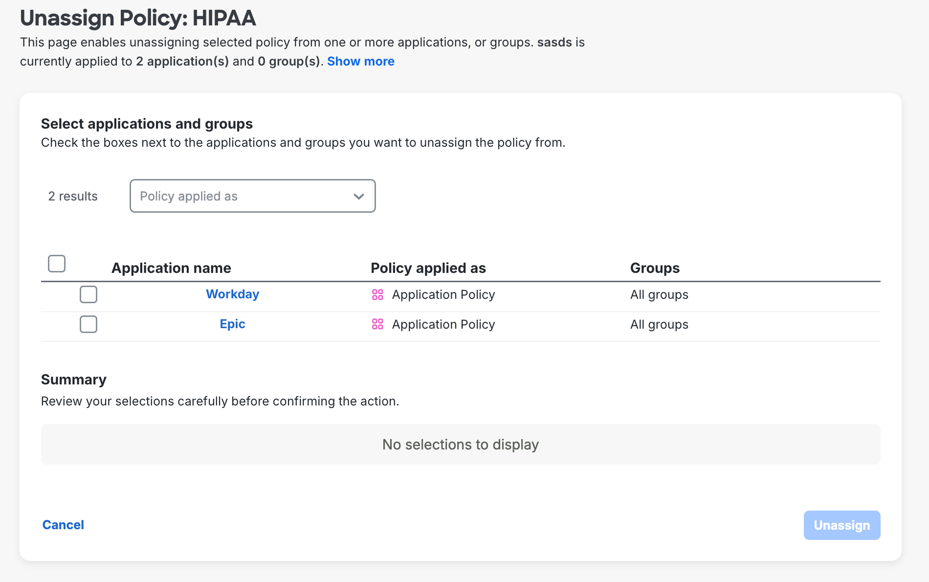 Buk Policy Unassign Selections