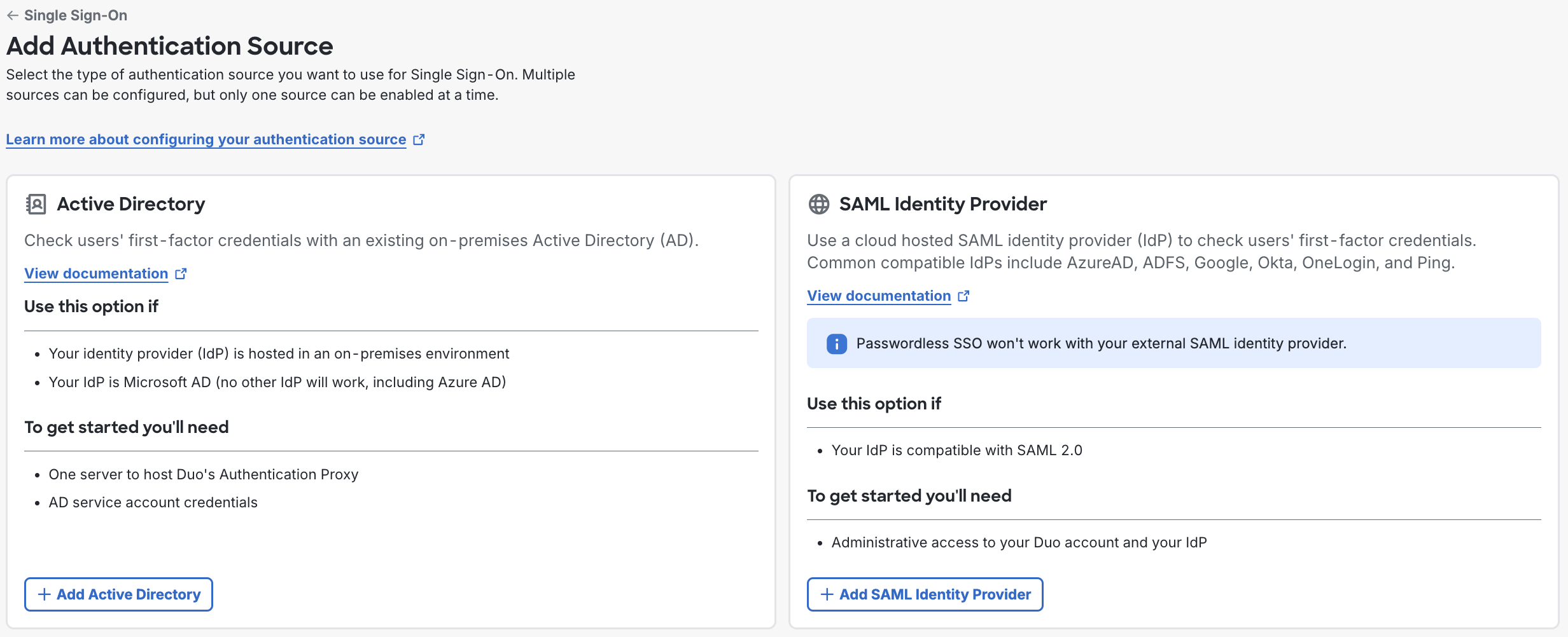 Choosing an authentication source during setup